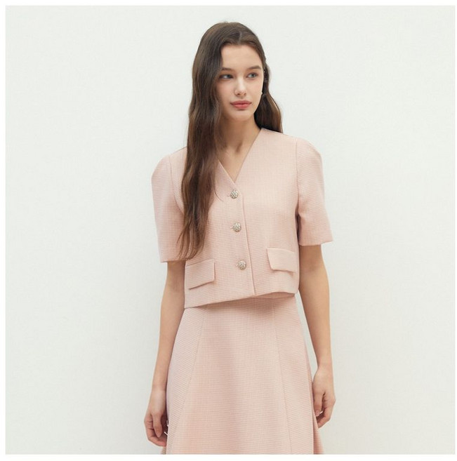 JJ지고트 잔체크 퍼프 브이넥 크롭 재킷 GR5P0JK501