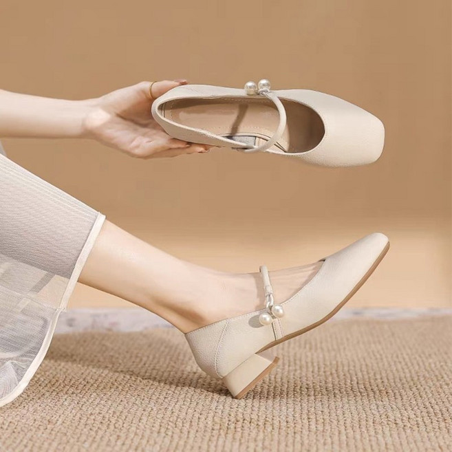 Pakchoice 프렌치 로우힐 스퀘어토 굽 메리제인 슈즈 소프트 가죽 3CM 레트로 플랫 슈즈 펌프스