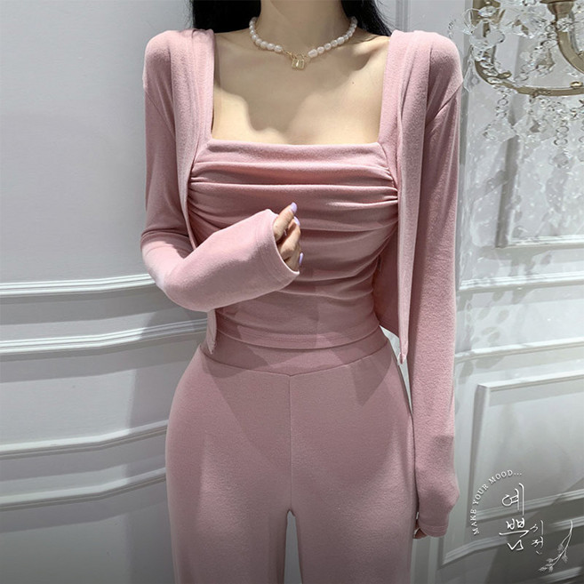 예쁨시전 [투피스] 슬림라인 셔링 스퀘어넥 크롭 나시 가디건 세트