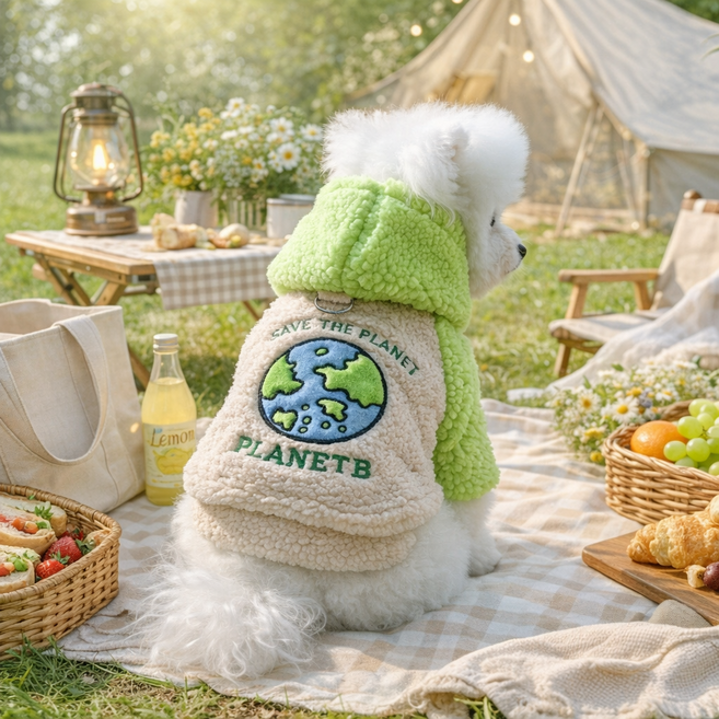 [창고정리] petdog 강아지 하네스 일체형 뽀글이 후드티 지구자수 양털 조끼 소형견 중형견 애견 산책복, 1개, 그린