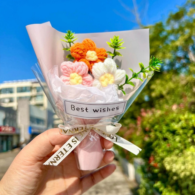 迷你編織花束，送禮擺飾, 1件, 編制花成品-粉色, 粉色