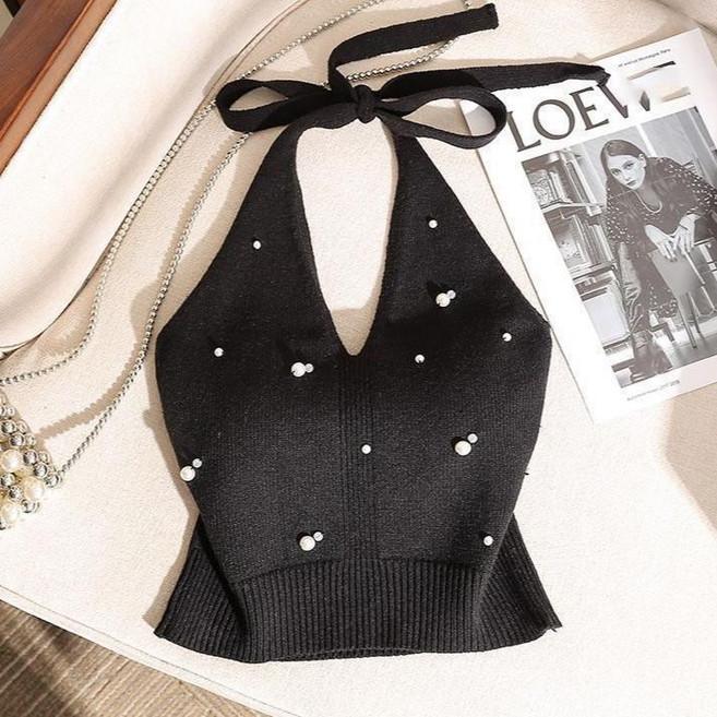 Akimu 여성 홀터넥 니트티 진주 크롭탑 언발란스 민소매 니트탑