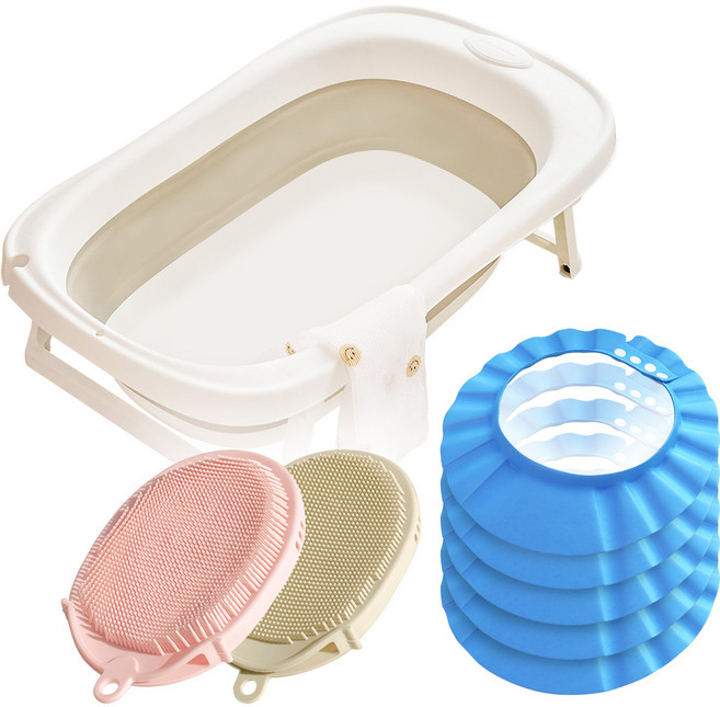 리틀클라우드 아기 목욕 용품 3종 세트, 접이식욕조+블루 샴푸캡5P+샤워타올2P