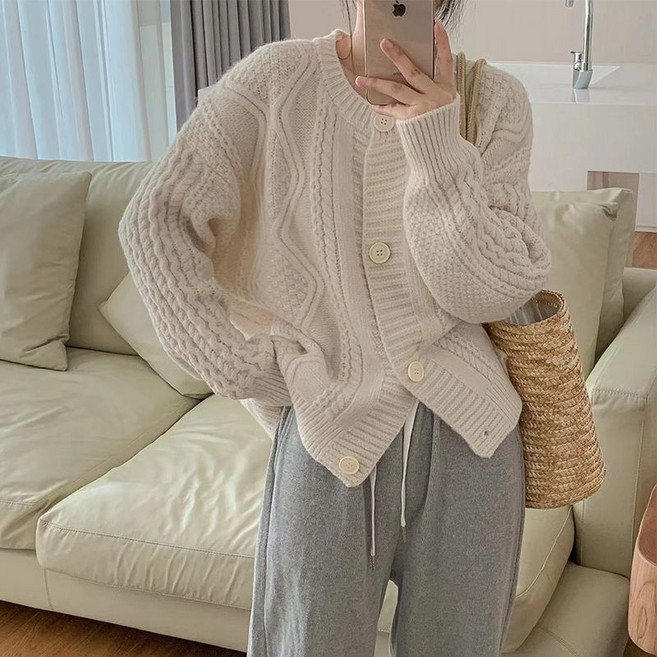 Asure 여자 가을 겨울 베이직 무지 꽈배기 스웨터 니트 가디건