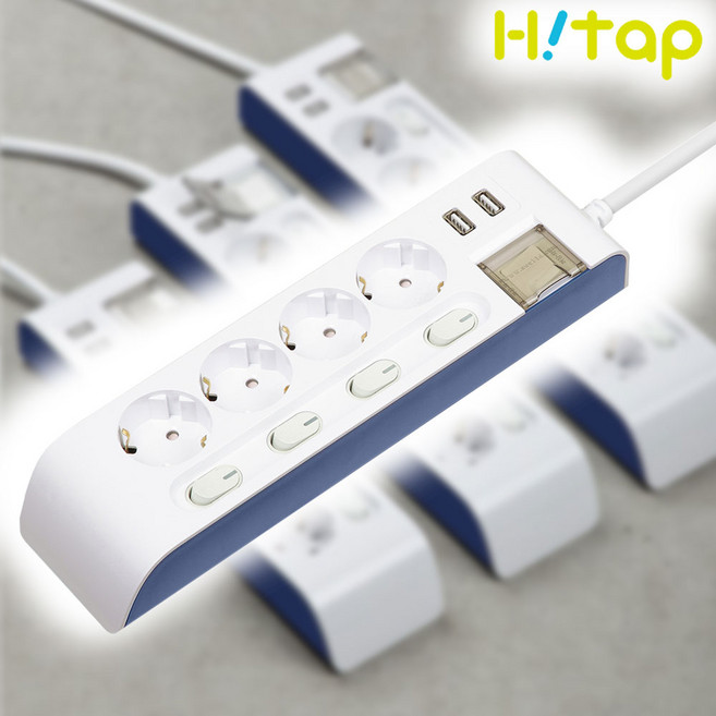 현대일렉트릭 하이탭 4구 개별스위치+USB 멀티탭 2800W 국내생산, 1개, 화이트+네이비, 1.5m