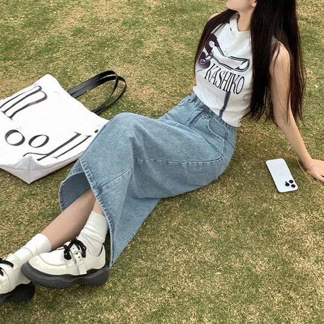 cammello 데일리 뒷트임 포인트 하이웨스트 데님 롱 스커트 긴치마