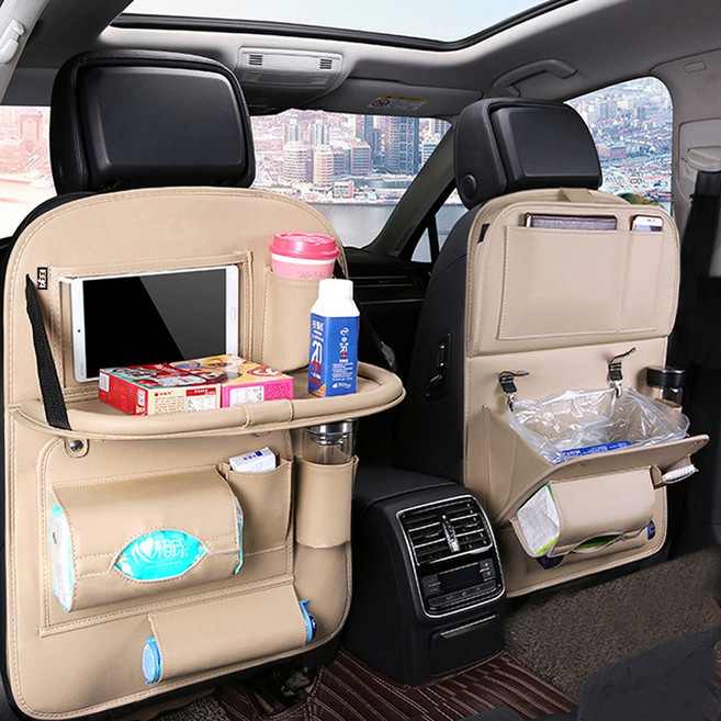벤비아믹스 차량용 가죽 킥커버 멀티 테이블 수납 정리함 포켓 태블릿 거치 발자국 방지 00378, 1개, 베이지
