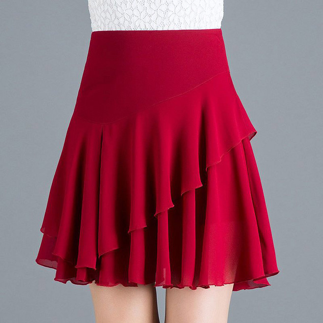페이준 여성 여름 쉬폰 스커트 하이웨스트 날씬해 이중 프릴 변방 스커트 댄스 스커트 HX4629