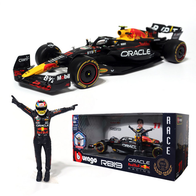 브라고 1:24 오라클 레드불 RB19 포뮬러레이싱 11번 머신 + 드라이버 피규어 F1 모형, 1개