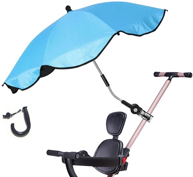 MONI 유모차햇빛가리개 햇빛 유모차양산 트라이크양산 방 우산 차양막 접이식, 1개, 블루 레이스 긴 손잡이 85cm