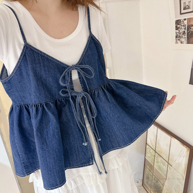 (양면) 리본 데님 청 뷔스티에