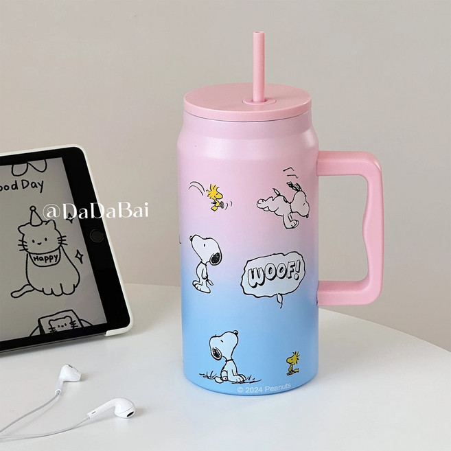 다나에 피너츠 스누피 공식 라이센스 대용량 빨대 텀블러 보온병 1500ml+Lin Lin Co. Ltd. 스마트톡, 그러데이션, 1개, 1500ml
