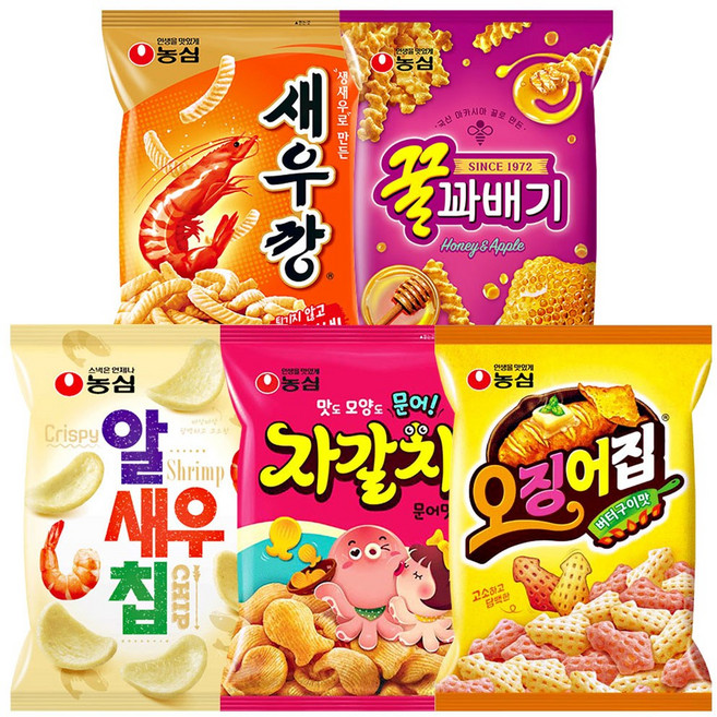 농심 봉지과자 세트(새우깡 꿀꽈배기 알새우칩 자갈치 오징어집), 1세트, 90g