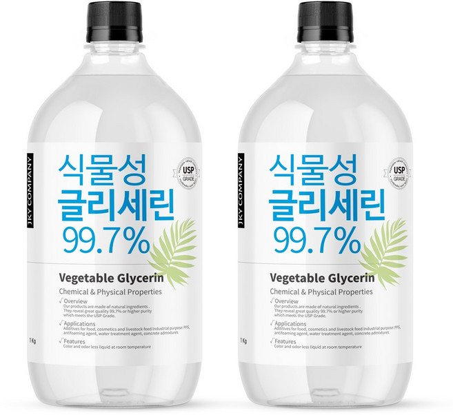 식물성 글리세린 1kg + 1kg 미국 약전 USP등급 식품첨가등급 국산 비누 화장품DIY Glycerin, 투명/무향, 2개