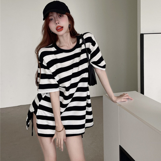 SAHINER 여성 스트라이프 반팔 티셔츠 루즈핏 캐주얼 여름 데일리 ATX60