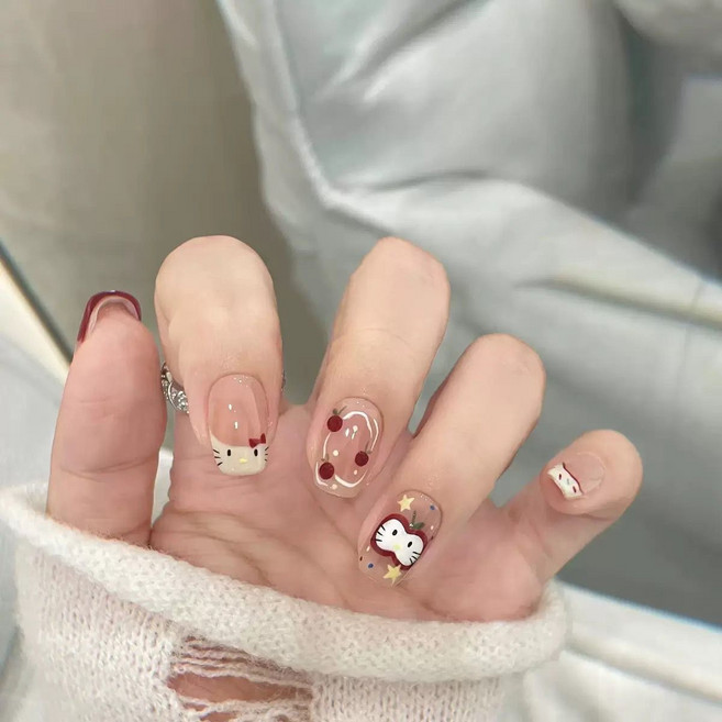 말랑네일 글레이즈드 네일팁 데일리 숏롱 셀프 붙이는 키티 네일아트, 1개, 02. 레드애플