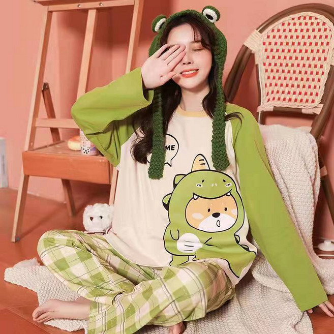 大尺碼 長袖睡衣 韓版 寬鬆女生睡衣 兩件套
