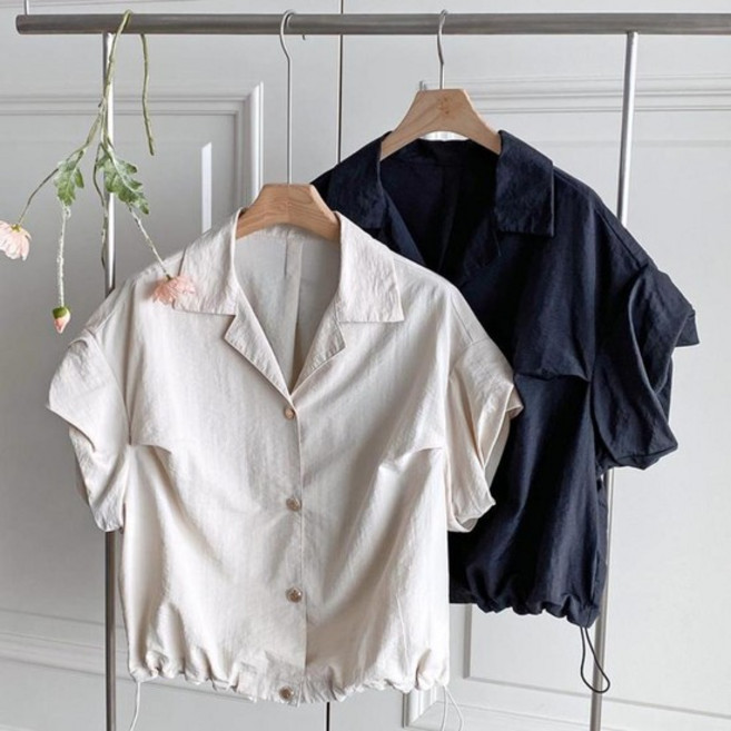 [다잇템] 여자 바스락 핀턱 반소매 밑단셔링 블라우스