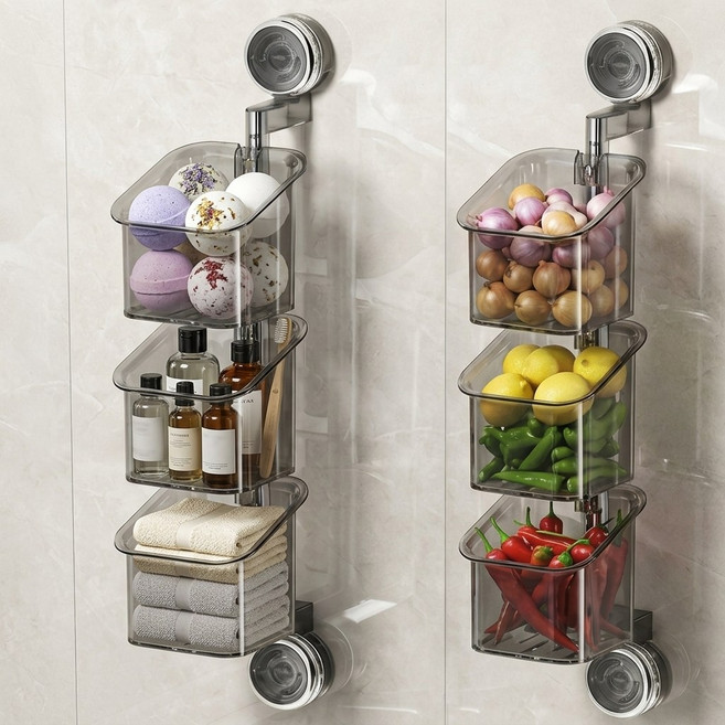 흡착식 3단 180도 회전 욕실 주방 다용도 벽걸이 수납 선반 정리함, 그레이, 1개