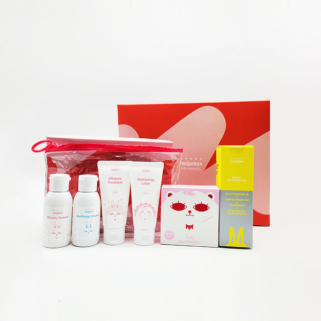 레시피박스 키즈 여행용 패키지세트(샴푸+바디워시+로션+린스+방수파우치)+썬쿠션 15g+썬크림50ml, 1개