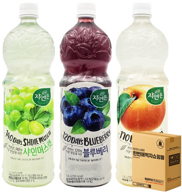 [한번에먹자] 웅진 자연은 과즙음료 1.5L 3종(샤인머스캣+블루베리+배) 총 3페트, 3개