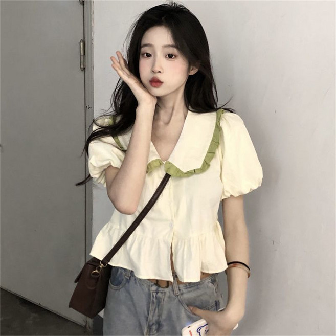 besteffie 쉬폰남방 여름 여성용 루즈핏 트리밍 포인트 베이직반팔티 빅사이즈 퍼프블라우스 20대 C15