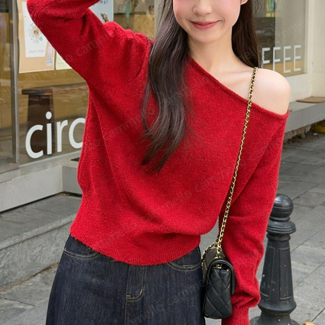 cammello 여리핏 언발란스 오프숄더 루즈핏 긴팔 니트 티셔츠 봄가을 데이트룩