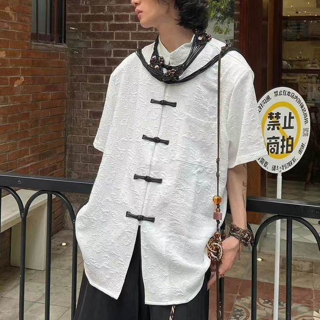 潮嗨新中式國風立領襯衫 男女夏季盤扣浮雕提花設計寬鬆中山裝襯衣