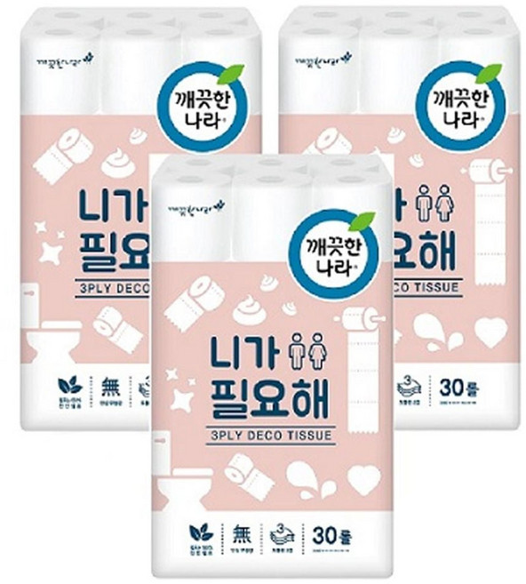3겹 깨끗한나라 화장지 니가필요해 22m 30롤 3P 휴지, 30개