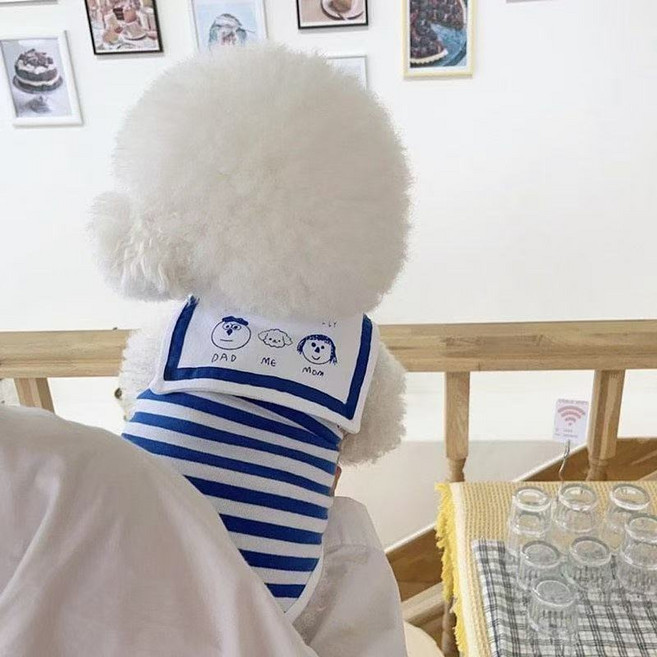 코어엑시스 강아지 고양이 해군카라 조끼 스트라이프 카툰 프린트 봄여름 펫의류, 1개, 블루