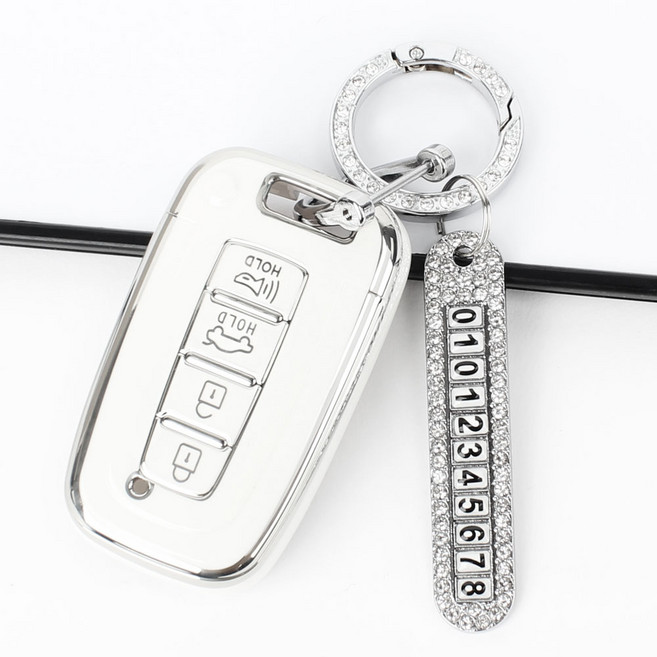 현대 자동차 키케이스 YF쏘나타 제네시스 쿠페 그랜저TG 아반떼MD 싼타페 베라크루즈 에쿠스 투싼IX I30GD 차 스마트키 TPU 케이스 4버튼, HK01 호환 화이트-실버