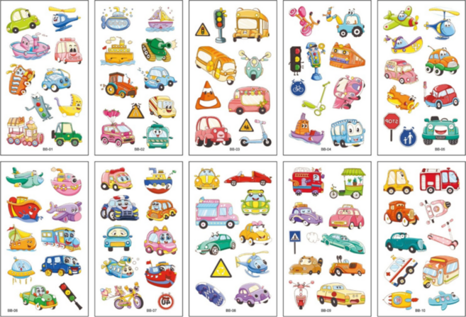 KC인증 어린이 자동차 타투스티커 페이스페인팅 판박이 어린이집 유치원 학교 집콕놀이 수업 재료, BB타입, 1세트, 탈것