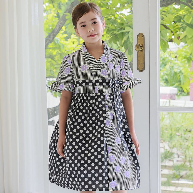 하랑한복 보니뎅이 면 생활 한복 아동 도트 치마 여아 원피스