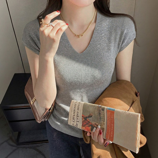 SOSISI 여성 브이넥 민소매 여름 니트 티 탑 오버 260692