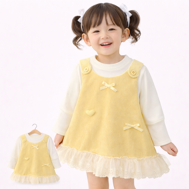 유아 여아 긴팔 레이어드 원피스 골지원단 리본 레이스 프릴 아동 드레스