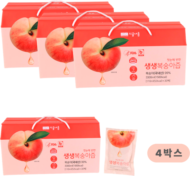 시골내음 생생 복숭아즙 100% 착즙 한여름 복숭아를 베어먹는 맛, 120개, 110ml