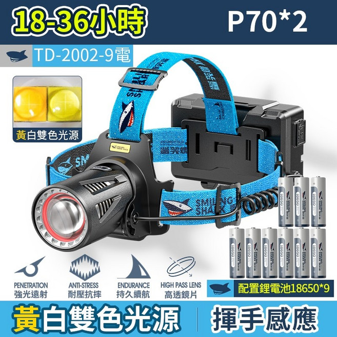 頭燈 LED頭燈 揮手感應 露營 夜釣 照明, 1個, 9電 微笑鯊 TD-2002, 白黃雙光