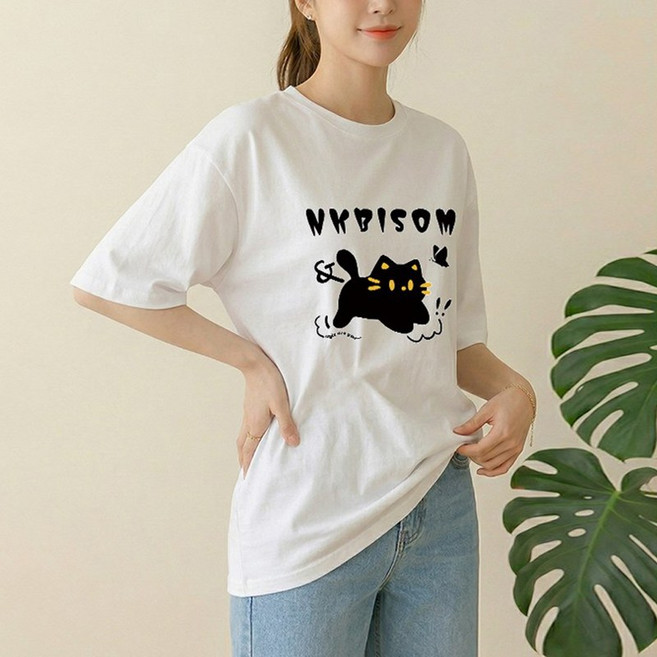 1장 (2장세트 장당7450) 스타일아유 여성 여름 오버핏 반팔 티셔츠 냥이 블랙캣 캐릭터 빅프린트 루즈핏 롱박스티 TS3931