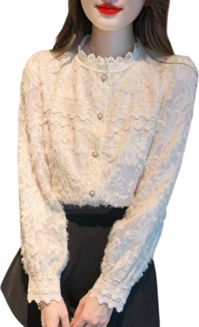 Makone 여성 가을 겨울 반폴라 스캘럽 소매 오피스 기모 레이스 티셔츠