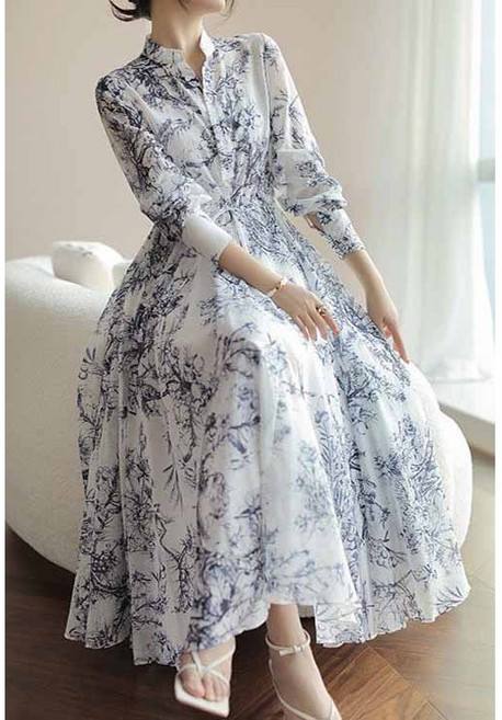 여성 하이넥 쉬폰 긴팔 원피스 고급 프린트 슬림핏 롱 드레스 패션 여자 a라인 롱 원피스 LT