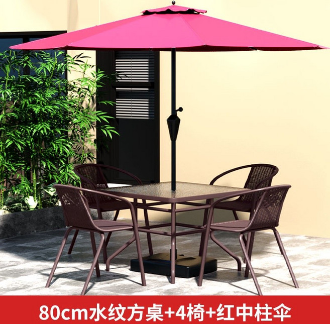 80cm 黑色玻璃圓桌+4椅+香蕉傘, 80水紋組裝方桌+4椅+中柱傘
