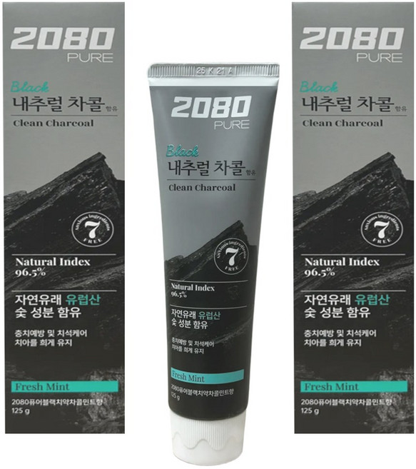 2080 퓨어 블랙 차콜민트 치약, 2개, 125g