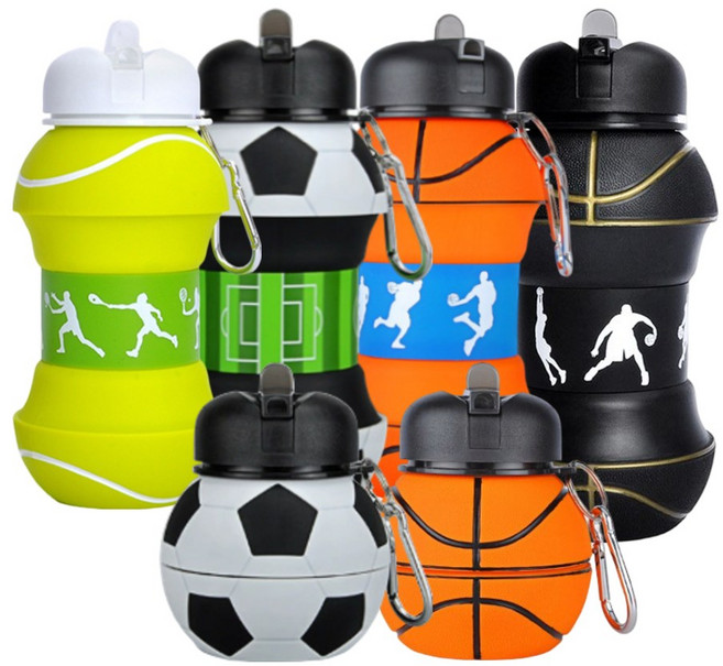 코무무 접이식 스포츠 물병 550ml 축구 농구 테니스 어린이 휴대용 실리콘 물통 물병 물컵, 1개, 테니스공