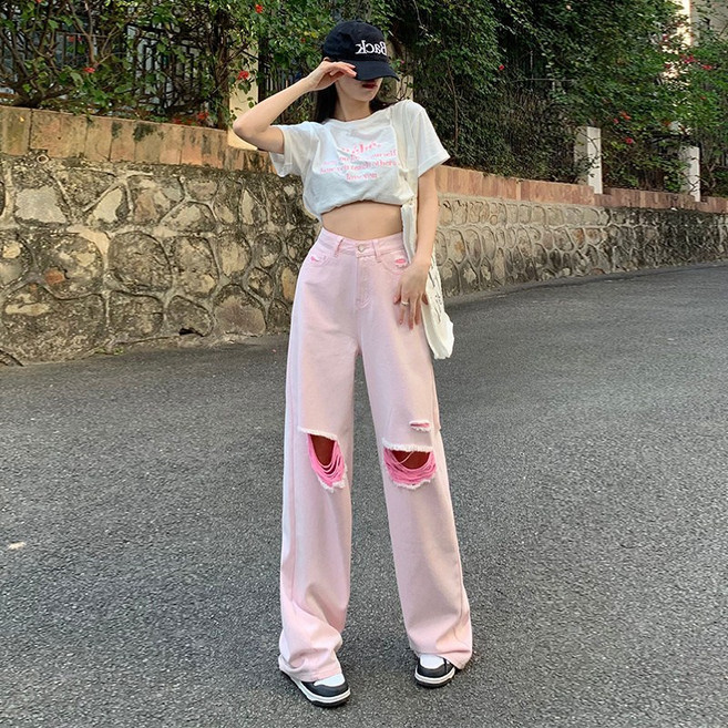 연핑크 디스트로이드 하이웨스트 데님 팬츠 여 여름 루즈핏 슬림핏 와이드 슬랙스