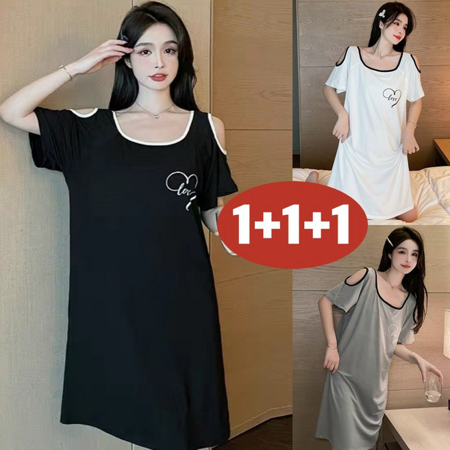 (대박난) 150kg까지 1+1+1 빅사이즈 여성 아이스 얇은 오프숄더 반팔 원피스 잠옷 여름 편한 펀칭 백리스 프린트 러블리한 귀여운 스퀘어넥 오버핏 외출용 홈웨어 티셔츠 수면옷