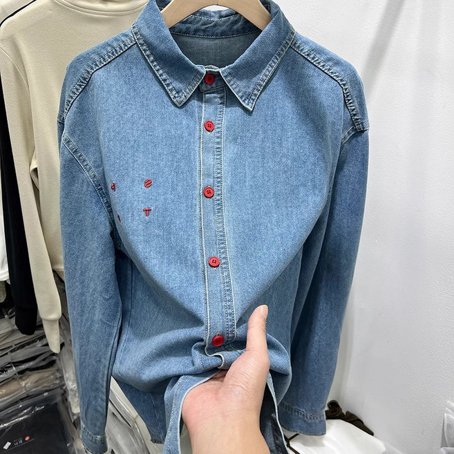 ASURE 여성 자수 데님 셔츠 빅사이즈 캐주얼 긴팔 셔츠