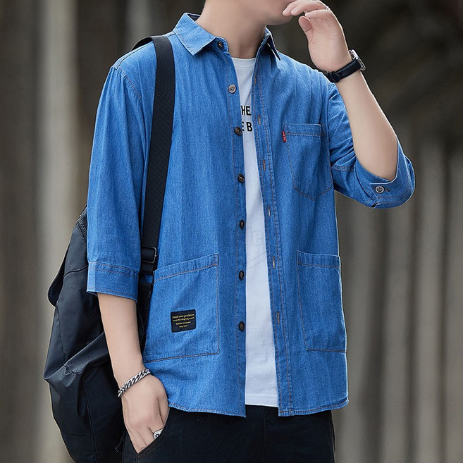 Krismile100% 순면 청자켓 7부 소매 데님 셔츠 남자 여름 자켓+6*30/YHM