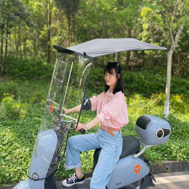 자전거지붕 오토바이 전기자전거 레인 스쿠터 차양막 가림막 자동우산식 비막이, 라이트 그레이 (작은 창이 있음)
