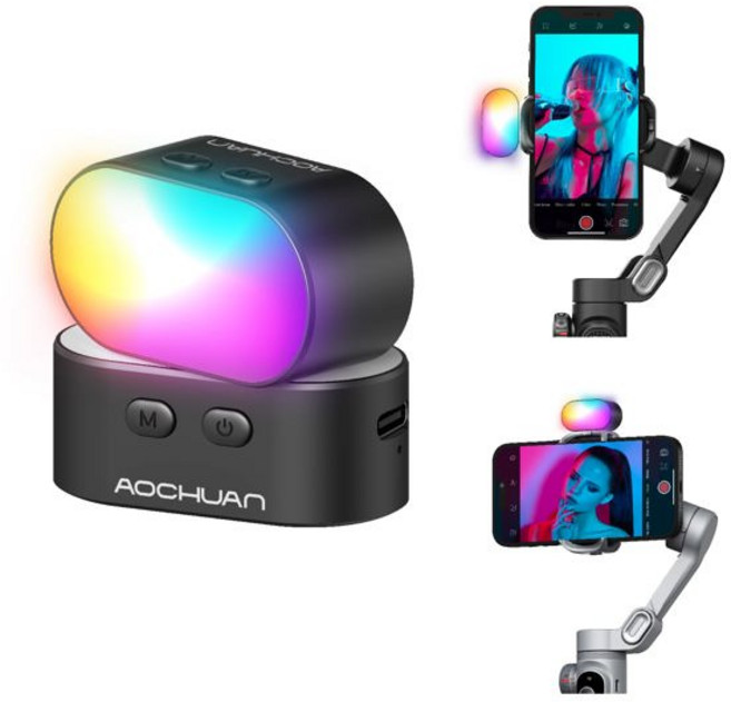 AOCHUAN RGB 마그네틱 필 라이트 짐벌 LED 비디오 사진 라이트 3 밝기 7 색상 조정 휴대폰 셀카 라이브용, [01] 옵션1