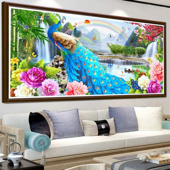 행운 금전 상징 그림 금전 재물 행운의 상징 무지개와 공작새 부귀 모란꽃 보석십자수 대형 큰 사이즈 비즈 큐빅 전체수 3D 캔버스 형액자 DIY 세트 엄 금전 상징 수제, 80*200cm (액자 없음), 1개